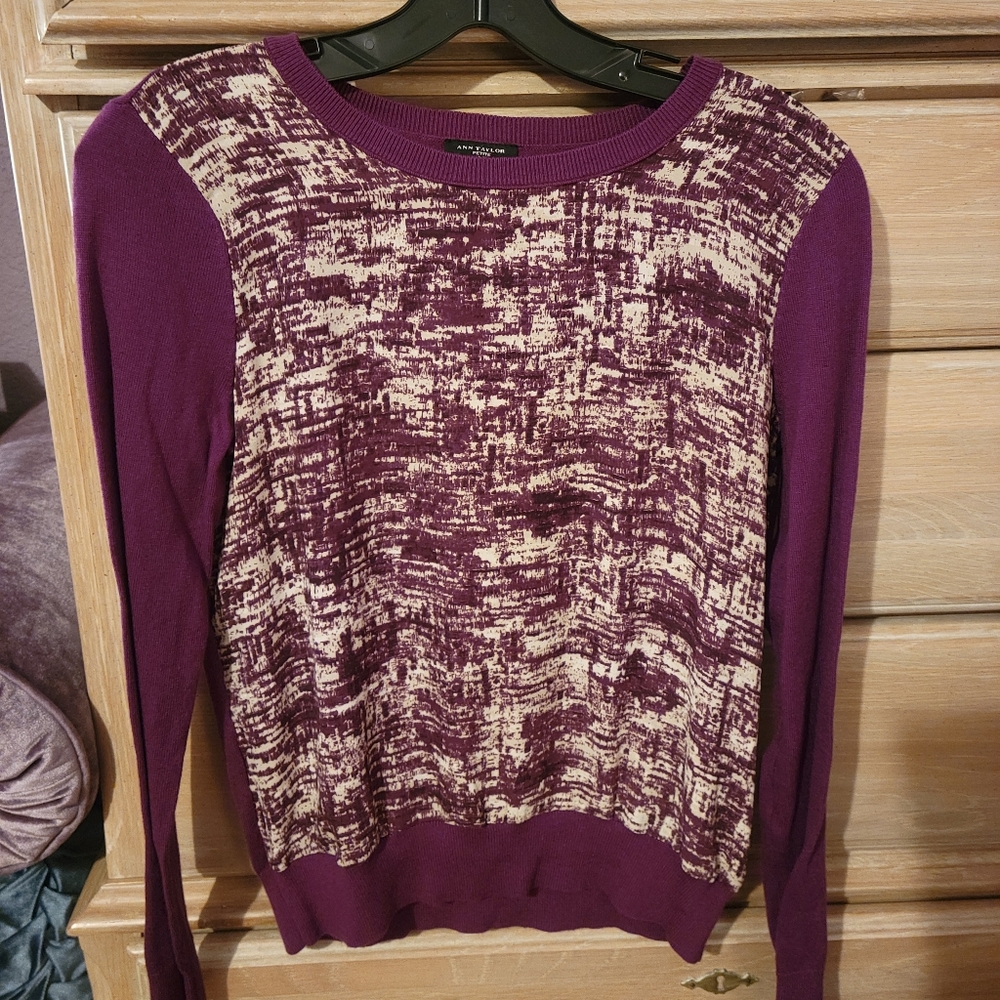 Ann Taylor Petite Plum Sweater with Plum & Cream Patterned Front and Solid Back